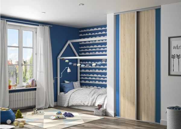 Porte Lido et Doli
Bleu Océan et Chêne Sauvage - Profil Zéphyr Anodisé Gris.